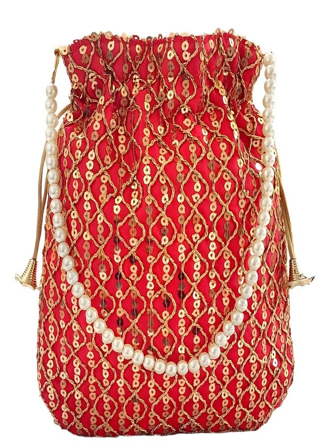 داتشيس حقيبة يد نسائية من دوقة، مزينة بالترتر الأحمر ومقبض من اللؤلؤ (عبوة من 10 قطع) - Image 2